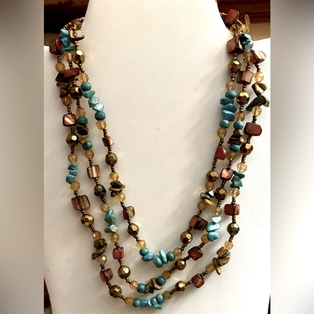 Vintage Three Strand Turquoise, Bronze, Shell & Glass Beaded Necklace 20" Long.